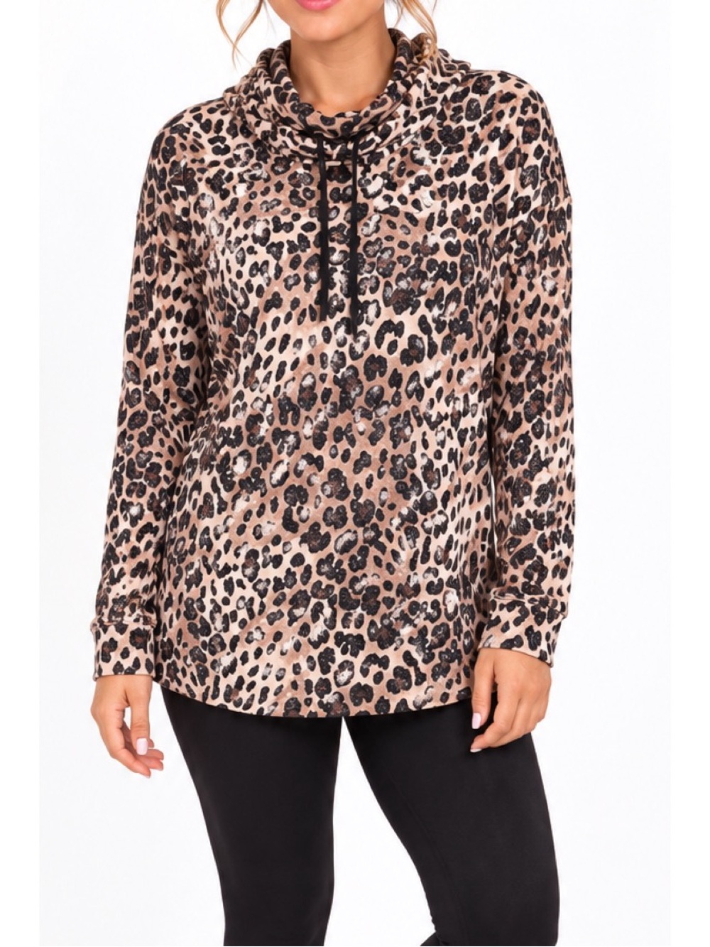 Andrew Marc Sport Leopard Print Cowl Neck Hoodie Top- Large
